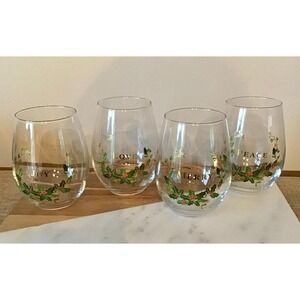 Christmas Stemless Wine Glasses Tumblers (4) Holly Berry Merry, Love, Peace, Joy